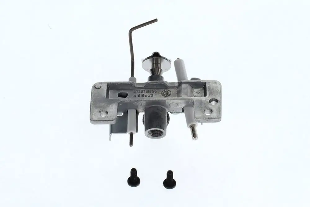 BOSCH Zündbrenner aus Metall, mit mehreren Anschlüssen und einem Innenteil, sowie zwei schwarzen Schrauben im Bild.